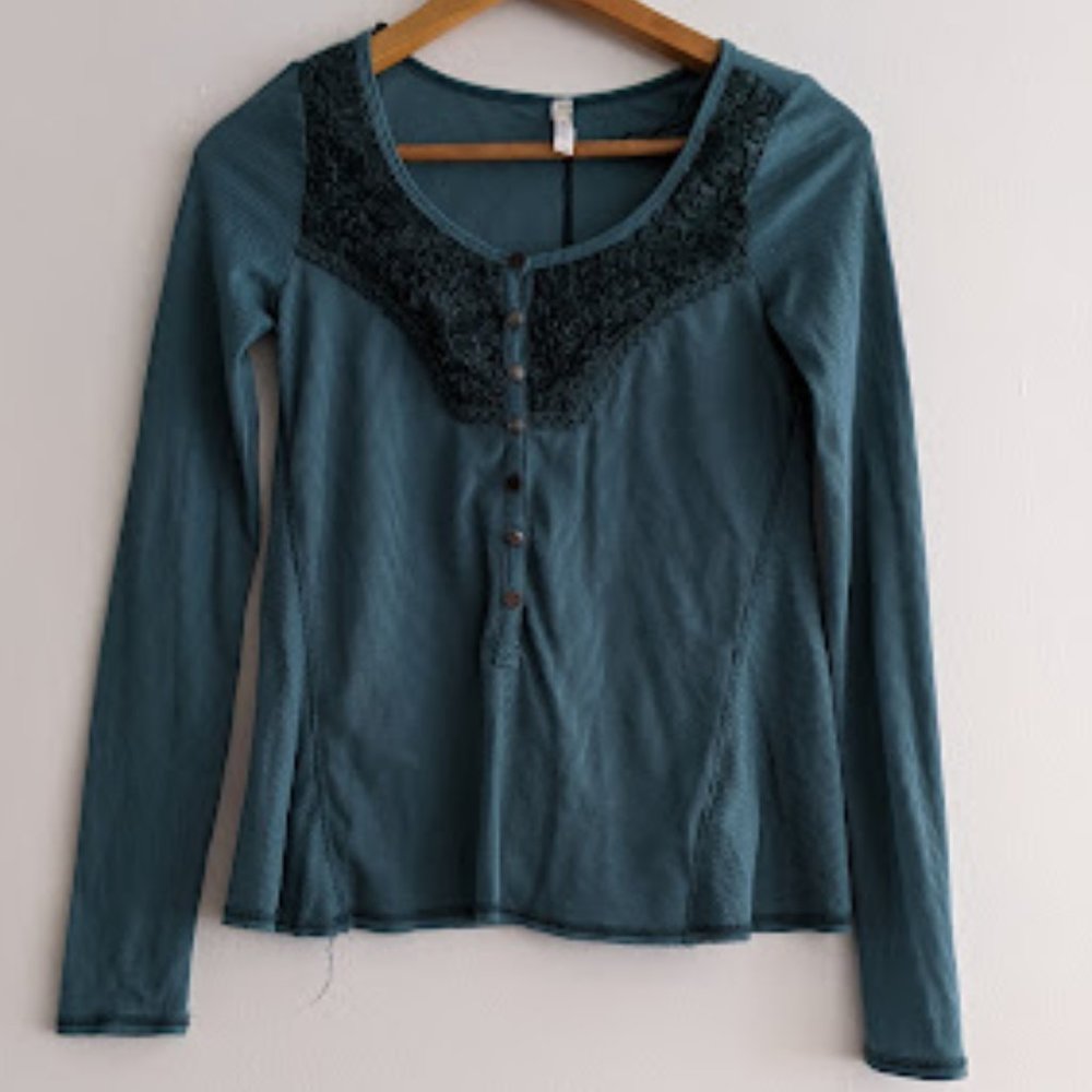 Free People Teal Blue Long Sleeve Blouse Size S